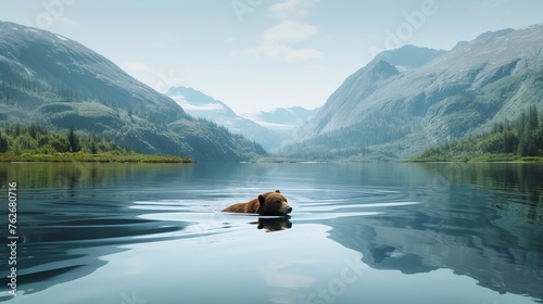 Tranquil Kodiak Bear Swimming in Pristine Mountain Lake © AlissaAnn