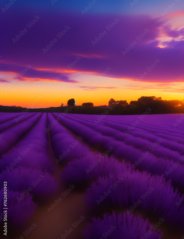 sunset or sunrise over lavender land, landscape with purple flowers field and clouds, Wall Art Design for Home Decor, wallpaper for cellphone, mobile smart cell phone background