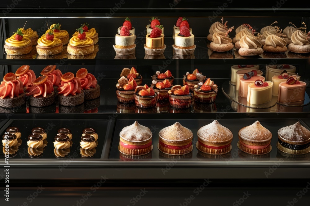 Elegant Dessert Display at Patisserie, Glass Showcase, Front View