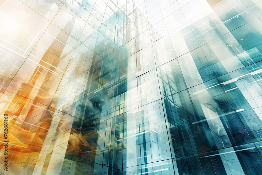 A business background with an abstract design, featuring a city skyline reflected in the glass facade of a skyscraper