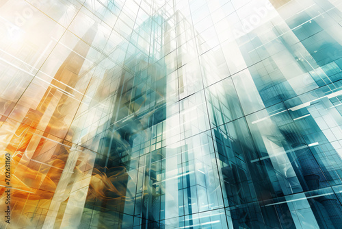 A business background with an abstract design, featuring a city skyline reflected in the glass facade of a skyscraper