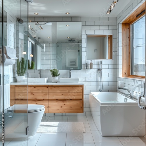 A bright  airy bathroom featuring floor-to-ceiling white subway tiles  a large mirror that amplifies the light  and sleek  contemporary fixtures for a clean  modern look