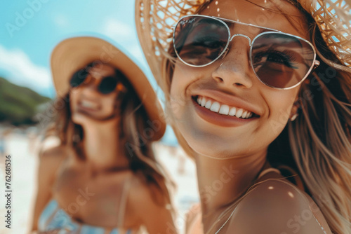 Sun-Kissed and Carefree: Best Friends Sharing a Joyful Moment on the Beach. Their smiles radiate warmth, embodying the perfect beach day filled with laughter and sunshine