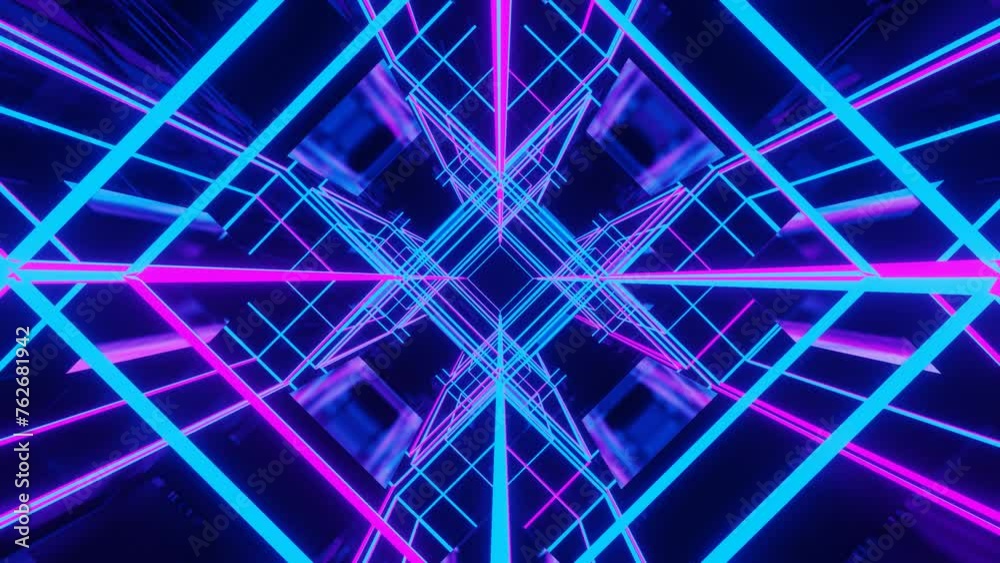 Animation featuring a central square surrounded by four others, with blue and pink lines extending. Animation featuring a central square surrounded by four others, with blue and pink lines extending.