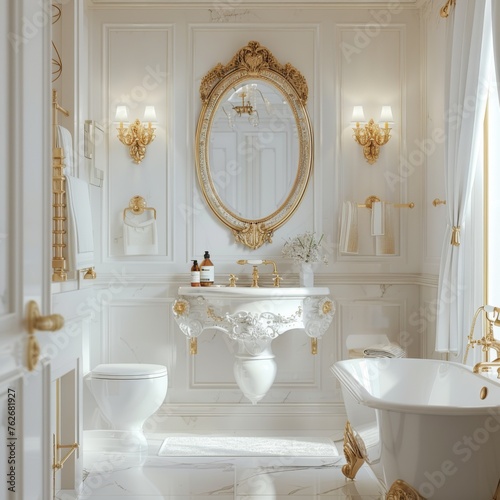 A chic bathroom with white walls and gold accents  where elegance meets functionality. The space is adorned with a large  ornate mirror and sophisticated lighting fixtures 