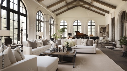Great room with ivory linen sofas and wrought iron and glass c-tables. © Aeman