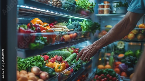 A close-up of a familys refrigerator door swinging open, revealing shelves stocked with fresh produce, dairy, and whole grain products