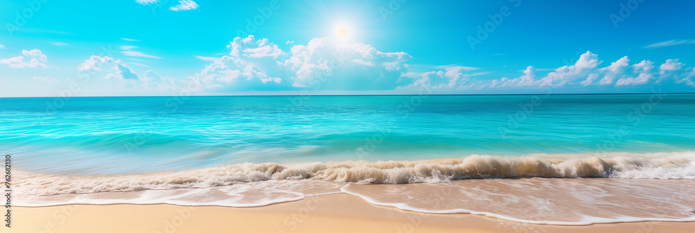 Clean sandy beach with cloudy sunny sky panorama view, natural landscape scenery, sandy tropical summer beach, summer vacation banner, the beautiful sea on a sunny day, Hawaiian decent beach panorama