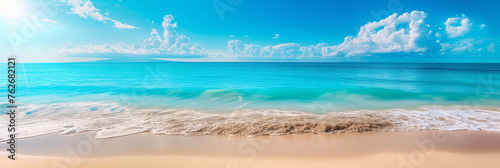 Clean sandy beach with cloudy sunny sky panorama view  natural landscape scenery  sandy tropical summer beach  summer vacation banner  the beautiful sea on a sunny day  Hawaiian decent beach panorama