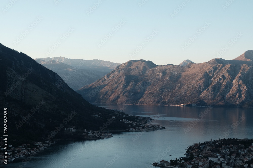 Bay of Kotor and city Montenegro UNESCO World Heritage Site Panoramic view overlooking mountains bay and old town