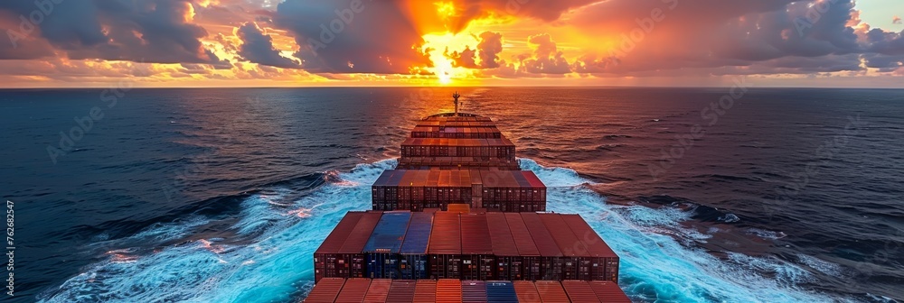 Fully laden cargo ship traversing in brilliant ultramarine ocean with cloudless backdrop - obrazy, fototapety, plakaty 
