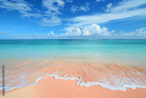 Clean beach with sand and cloud sunny blue sky wallpaper concept banner, natuaral landscape scenery, sandy tropical summer beach, summer vacation banner,  beautiful sea on sunny day, Hawaiian beach photo