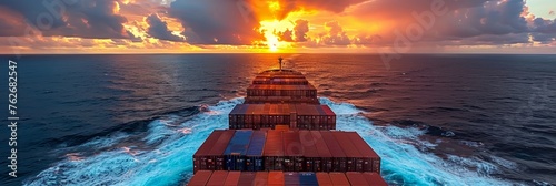 Fully laden cargo ship traversing in brilliant ultramarine ocean with cloudless backdrop photo