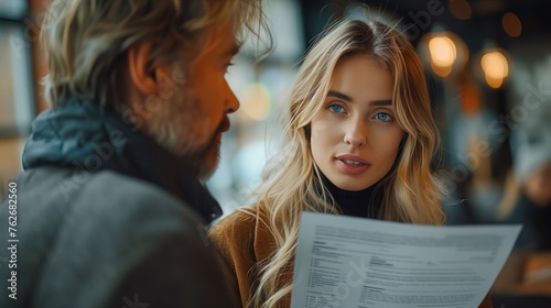 blonde female marketing manager handing stack of documents to blonde male in corporate office setting --chaos 5 --ar 16:9 --style raw --stylize 750 Job ID: d05884ca-9d09-4909-ba88-e18f762d9795