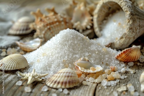 Marine salts on wooden table with sand and shells elevated