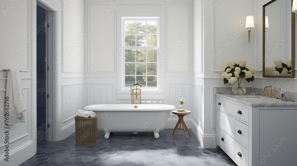 Fototapeta premium Guest bathroom with white shiplap and navy blue octagonal mosaic floor.