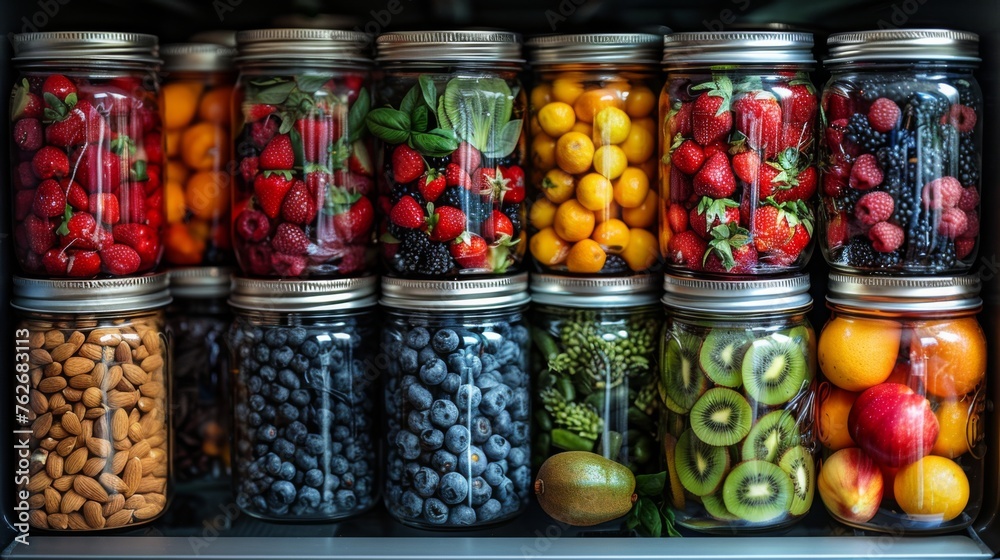 A fridge door opens to reveal an organized display of colorful fruits, vegetables, and clear containers of soaked nuts and seeds, signifying a persons dedication to a raw and balanced diet