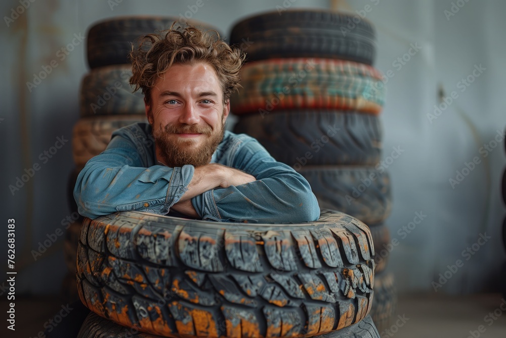 Happy man in blue shirt hugging stack of new tires. Tyres replacement theme
