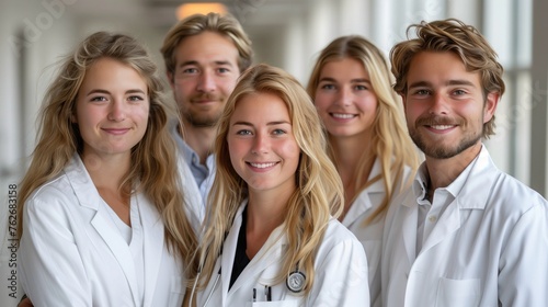 group of doctors and students looking in camera and smiling. Hospital and medicine theme 