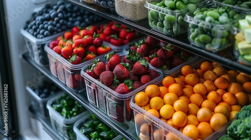 A fridge door opens to reveal an organized display of colorful fruits, vegetables, and clear containers of soaked nuts and seeds, signifying a persons dedication to a raw and balanced diet