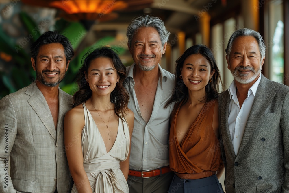 portrait of team of diverse people, office dressed, in a modern tropical hotel lobby setting