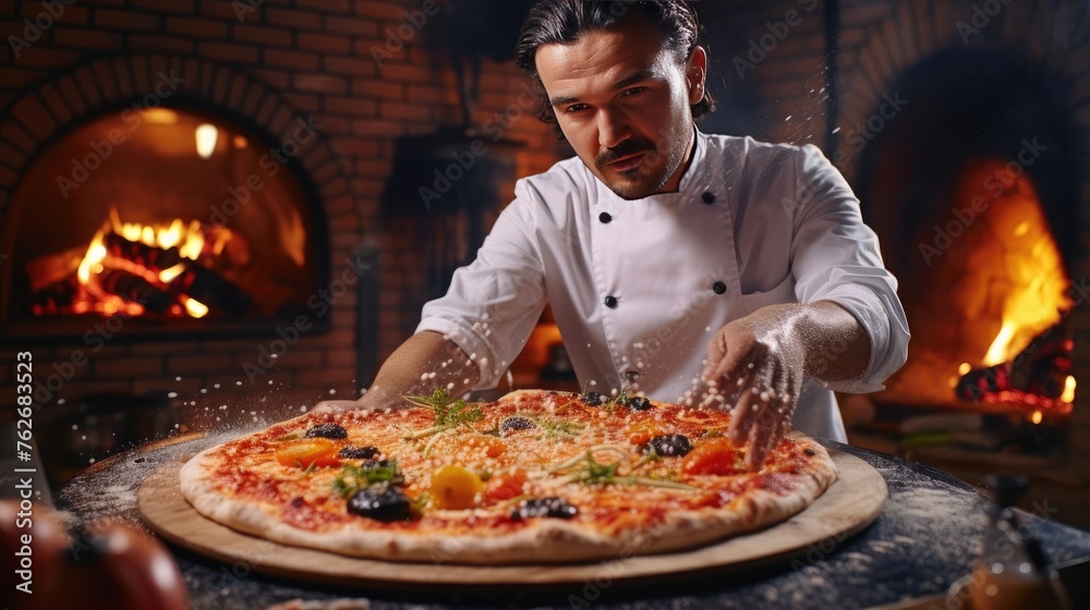 A man in an apron is cooking a large pizza. The chef is in the kitchen of the restaurant. A delicious dish. Pizza day. A man in an apron is cooking a large pizza. The chef is in the kitchen of the restaurant. A delicious dish. Pizza day.