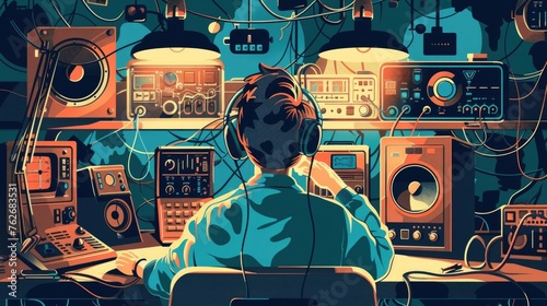 watercolor illustration, World Amateur Radio Day, male radio operator in a radio room, various means of communication, communication center, vintage style photo