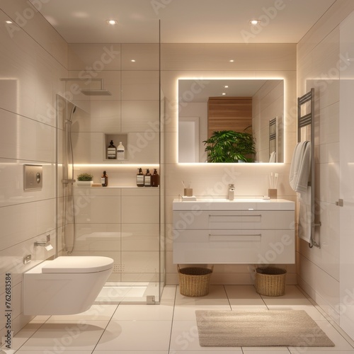 A functional family bathroom with white walls and durable  easy-to-clean surfaces  smartly designed with ample storage and bright lighting to accommodate the hustle and bustle of daily life 