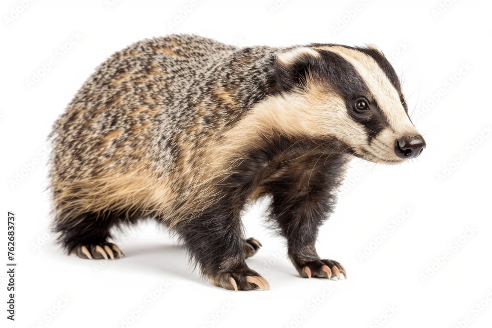 Alert badger on a white background - A close-up shot of a badger looking attentively, isolated on a white backdrop, showcasing its natural markings