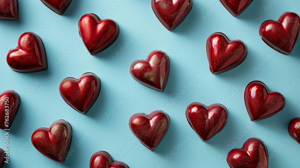 Delight your loved one with our irresistible red chocolate sweets, intricately shaped as hearts, set against a captivating blue background for a romantic Valentine's Day