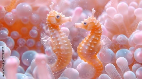  A pair of seahorses atop anemone, surrounded by bubble-covered water