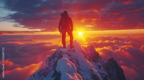 The silhouette of one climber helping another reach the top of a mountain, against the backdrop of a stunning sunset, symbolizing teamwork and support, vivid and dramatic sky colors © arti om