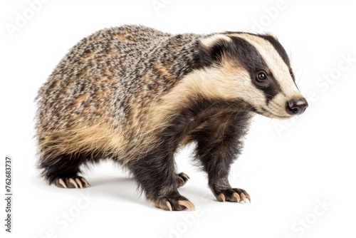 Alert badger on a white background - A close-up shot of a badger looking attentively, isolated on a white backdrop, showcasing its natural markings