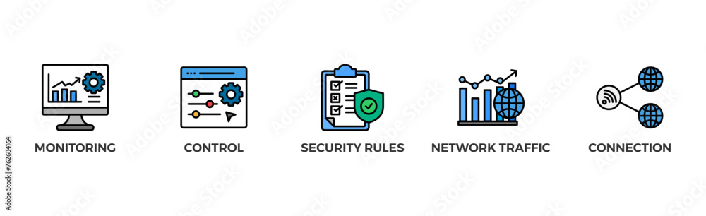 Firewall banner web icon glyph silhouette for network security system with icon of monitoring, control, security rules, network traffic and connection Firewall banner web icon glyph silhouette for network security system with icon of monitoring, control, security rules, network traffic and connection