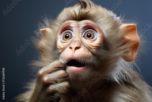 Portrait of a cute little monkey looking surprised on a gray blurred background