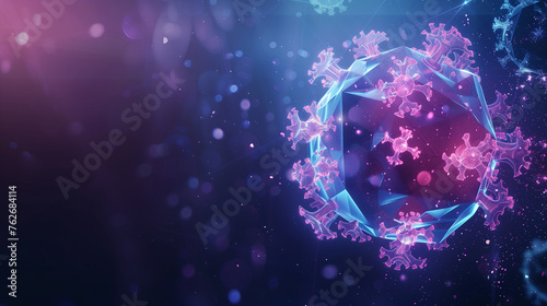 Futuristic monkey pox virus concept banner with glowing low polygonal virus cell and place for te photo