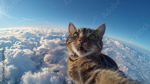 Startled cat with wide eyes above clouds - A humorous and unexpected capture of a surprised cat seemingly above the clouds with a clear, expansive blue sky