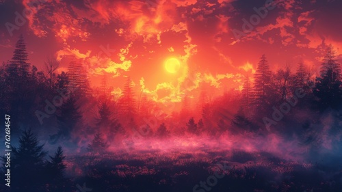 Fiery forest clearing with mist and sun - A magnificent sunrise through the mist in a dense forest clearing with vibrant fiery colors