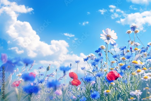 Summer wild field with wildflowers daisies and cornflowers and poppies in the rays of the sun