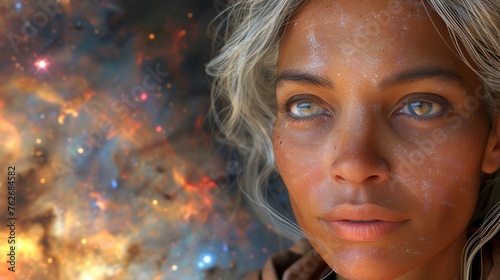  A woman's close-up face, space background, stars, and cluster