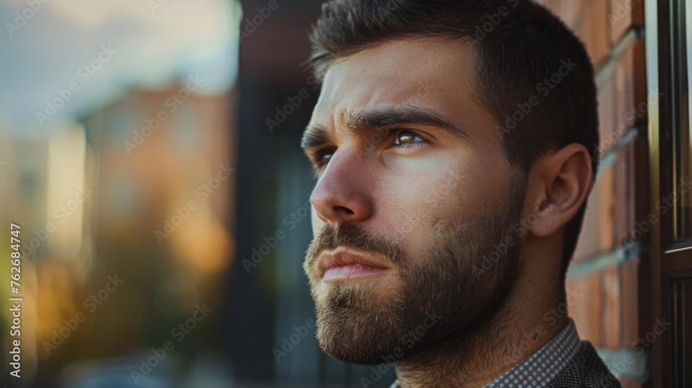 Contemplative man near brick wall - Close-up of a young man deep in thought, looking away with a serious expression near a red brick wall Contemplative man near brick wall - Close-up of a young man deep in thought, looking away with a serious expression near a red brick wall
