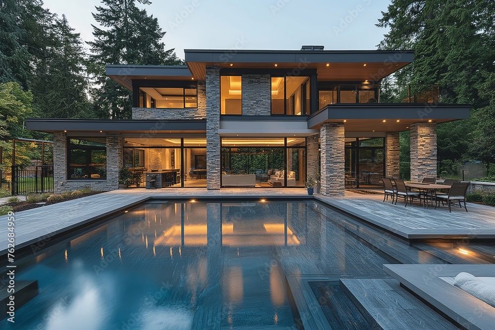 Fototapeta premium An Evening View of a Luxurious Modern Home with Pool