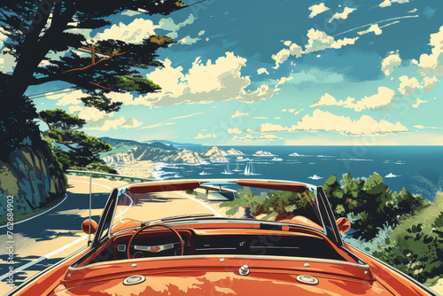 A convertible with its top down, driving along a coastal road. © mila103