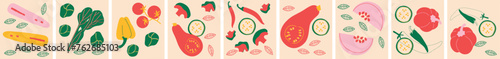 Fruits and vegetables abstract vector. Banner with vegetables, berries and fruits for social media, advertising, logo or menu.
