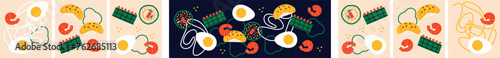 Pasta and seafood abstract vector illustration. Noodle and shrimp ingredients clip art. Cartoon flat style. Can be use for restaurants menu, cover, packaging. 
