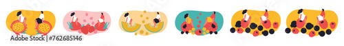 Tiny people and fruits cartoon vector illustration. Healthy eating, cooking vegetarian food and dieting concept. People and berries, summer harvest. Summer time.	