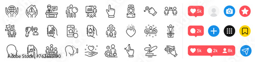 Search people, Touchscreen gesture and Winner podium line icons pack. Social media icons. Hold heart, Organic tested, Electronic thermometer web icon. Vector