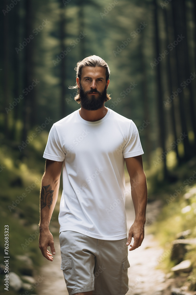 Male model posing outdoors with plain white canvas t-shirt mockup Male model posing outdoors with plain white canvas t-shirt mockup