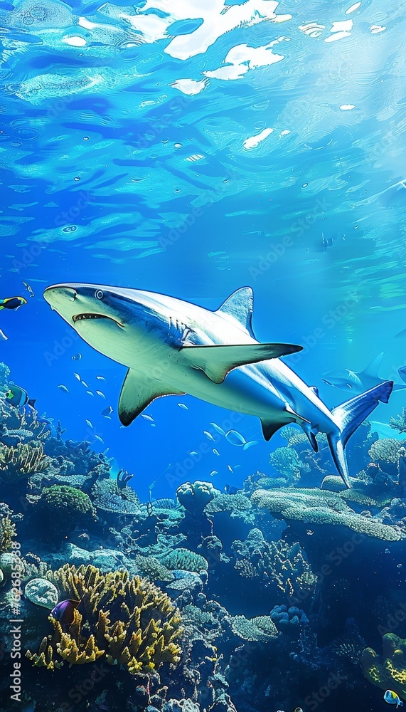 Fototapeta premium Majestic blue shark in ocean wilderness underwater big fish in natural sea environment