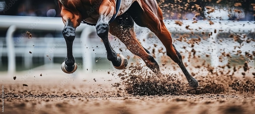 Exciting horse race with detailed view of horse hooves in competition from a low angle perspective - obrazy, fototapety, plakaty 